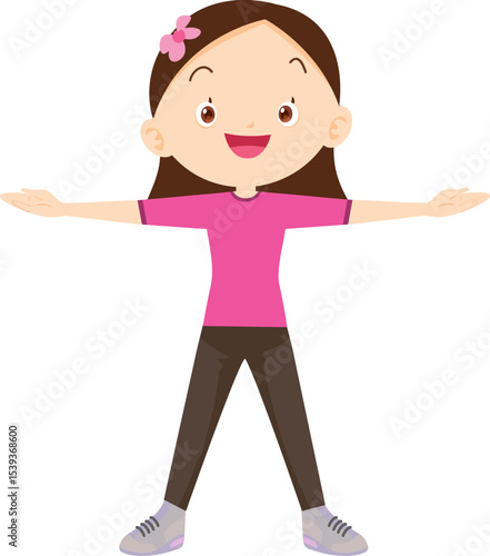 Joyful Fitness: A delightful cartoon girl with her arms outstretched, embodies the vibrant spirit of an invigorating exercise, promoting physical well-being and healthy habits in a playful manner.