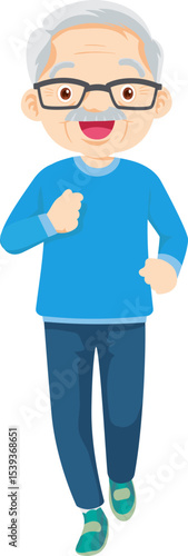 Active Senior Citizen: A cheerful elderly man with glasses jogging in a digitally crafted illustration. Emphasizing health, activity and vitality.