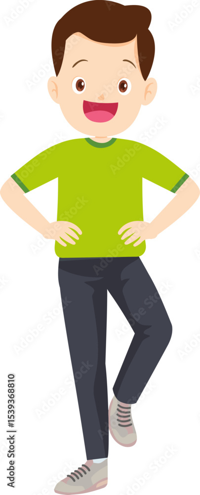 Obraz premium Joyful Teenager: A smiling cartoon boy stands tall with a bright look, embodying playful youth and everyday lifestyle.