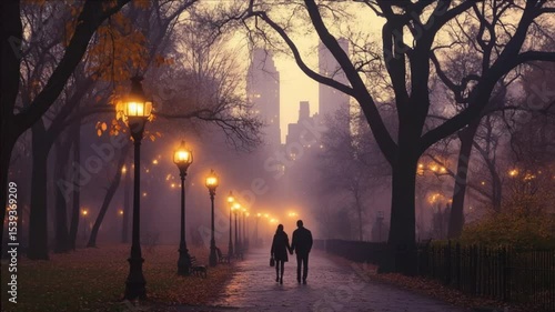 Romantic Couple Strolling Through Foggy Autumn Park in New York City at Dusk