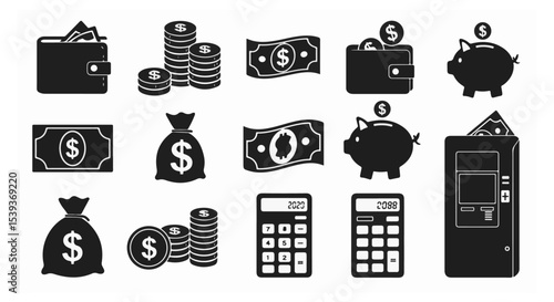Finance Icon Set:  Wallet Piggy Bank Money Bag Cash Calculator Bills for Business and Financial Designs