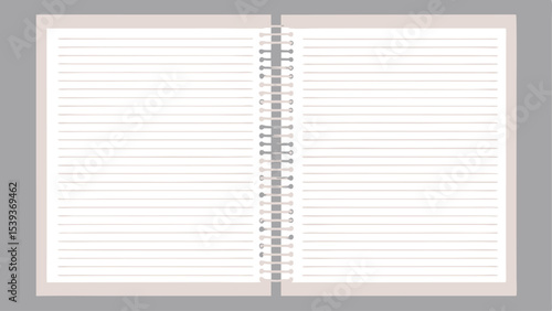 Open notebook with lined pages and spiral binding in the center on a gray background image view