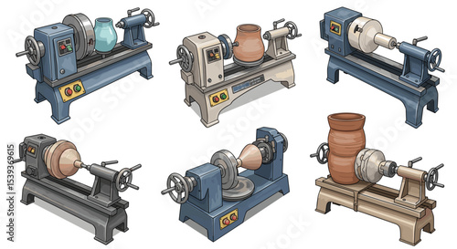 Isometric view of six wood lathes with various wood pieces and pots attached to them in detail