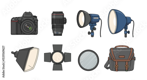 Illustration of photography equipment including a camera lens lighting and a camera bag setup for studio work