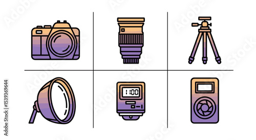 Illustration of photography equipment including a camera lens tripod and lighting accessories shown