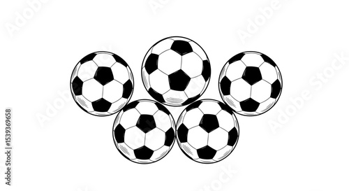 Illustration of five soccer balls arranged in a cluster with black and white pentagon patterns design element