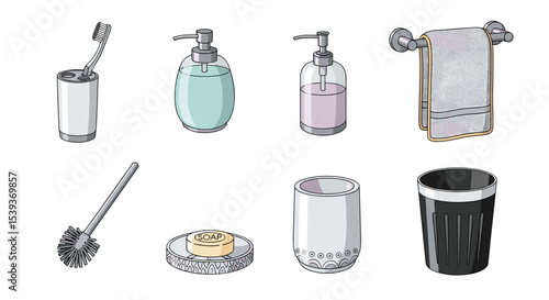 Illustration showing various bathroom accessories including soap dispensers and a toothbrush holder set