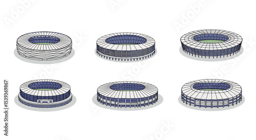 Isometric view of six round stadiums with blue interiors and white exteriors on a white background