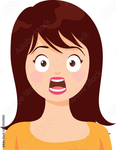 Shocked Expression: Portrait of a woman with wide eyes and an open mouth, expressing shock or surprise.