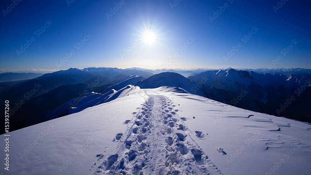 Footprints on a snow covered mountain ridge with stunning views of the sun and mountains Footprints on a snow covered mountain ridge with stunning views of the sun and mountains