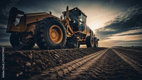 Grader Levels Dirt Road at Sunset