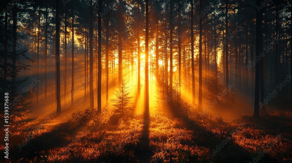Obraz premium Golden sunlight beams through a misty forest at sunset