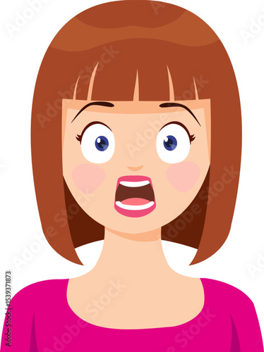 Shocked Woman: A young woman with short brown hair looks shocked and surprised, her mouth wide open in amazement.  Her eyes are wide, and her expression is one of disbelief.