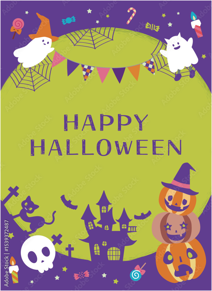 Fototapeta premium ハロウィンパーティー ジャックオランタンとオバケの背景素材 文字入り 縦長