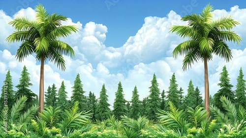Two Palm Trees and Evergreen Forest Under a Sunny Sky