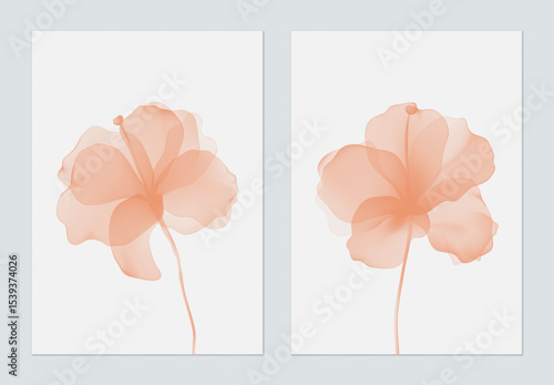 Floral wall art set, soft and translucent hibiscus flowers in shades of peach...