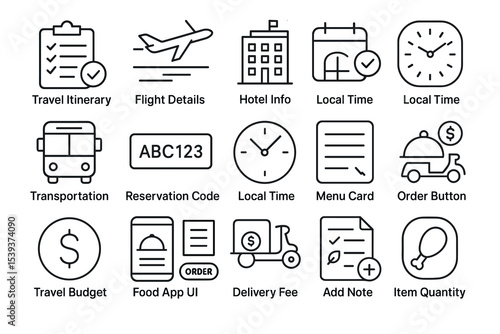 Travel icons: itinerary, flight, hotel, local time, transportation, menu, budget, delivery, note