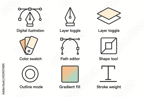 Icon set for graphic design tools featuring icons for editing and layering