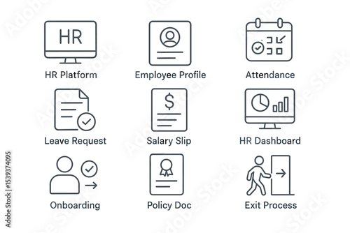 Hr management icons: platform, profile, attendance, leave, salary, dashboard, onboarding, policy, exit