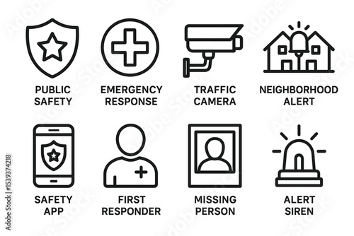 Public safety icons: emergency response, traffic camera, neighborhood alert, safety app, first responder