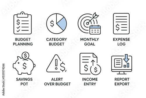 Budget planning and financial management icons for effective expense tracking
