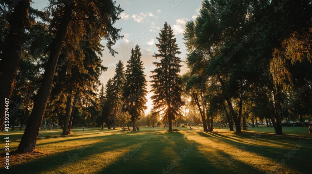 Obraz premium Lively Outdoor Park Scene During Golden Hour with Tall Trees
