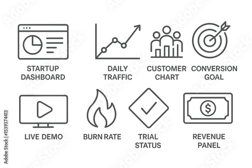 Business icons: startup dashboard, traffic, conversion, revenue, demo, trial, burn rate