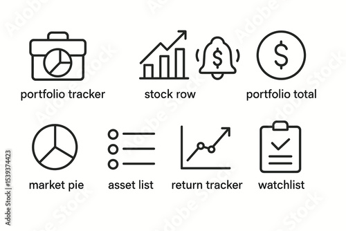 Financial icon set for portfolio management and investment tracking