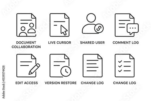 Document editing icons: collaboration, live cursor, comment log, version restore