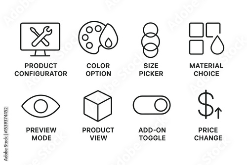Product customization options icons: configurator, color, size, material, preview, view, add-on, price