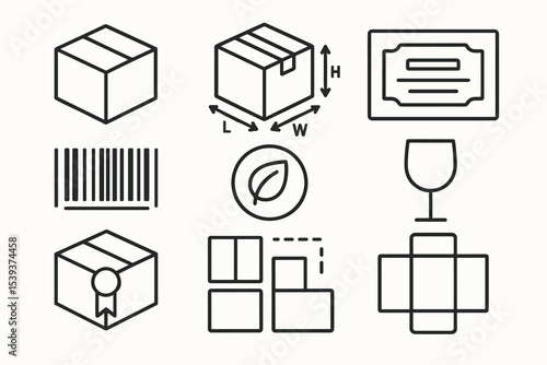 Minimalist package design icons with barcode and measurements