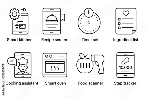 Smart kitchen tools: recipe screen, timer, ingredient list, cooking assistant, oven, food scanner, step tracker