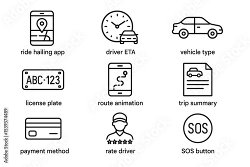 Ride-hailing icons: app features for modern transportation