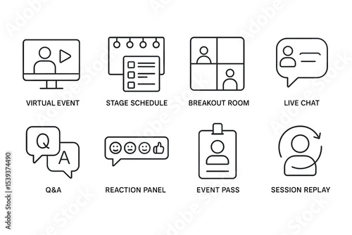 Virtual event icons: live chat, stage schedule, breakout room, session replay