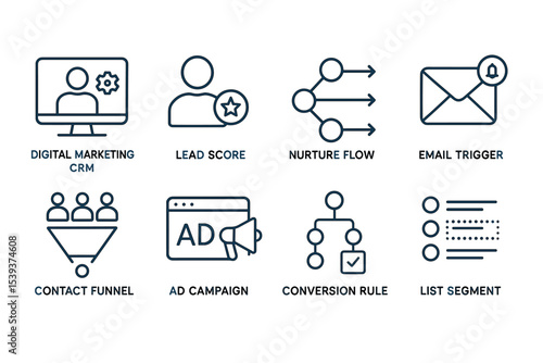Digital marketing icons set: crm, lead score, email trigger, ad campaign, list segment