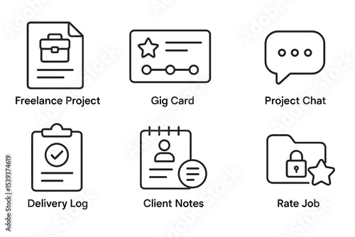 Freelance project management icons: gig card, project chat, delivery log, client notes, rate job