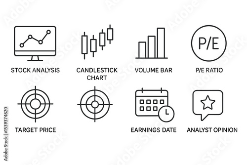 Stock market icons: analysis, candlestick chart, volume bar, p/e ratio, target price