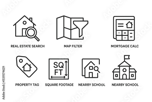 Real estate icons set featuring search, map, mortgage, property, and school elements