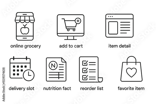 Online grocery shopping icons: mobile, cart, details, schedule, nutrition, list, favorites