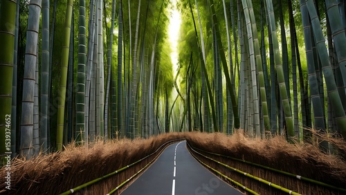 Serene pathway through bamboo grove, inviting journey into natural wonder