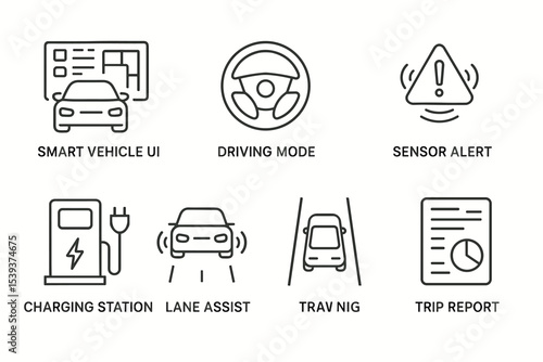 Smart vehicle ui icons: driving mode, sensor alert, charging station, lane assist, trip report