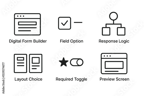 Digital form builder interface icons: layout, logic, options, toggle, preview
