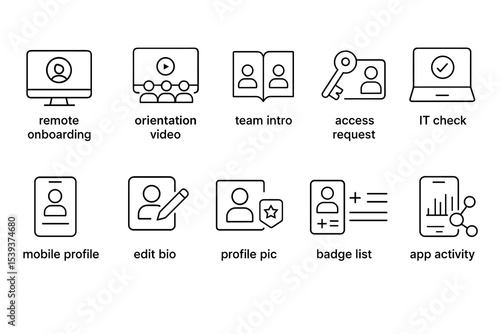 Remote onboarding icons: orientation, profile, access, it check, app activity