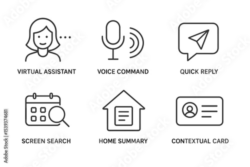 User interface icons: virtual assistant, voice command, quick reply, screen search, home summary, contextual card