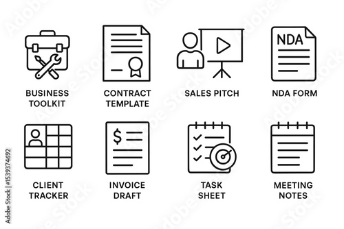 Essential business toolkit: templates, pitches, trackers, and notes icons