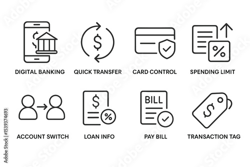 Digital banking icons: quick transfer, card control, spending limit, account switch, loan info