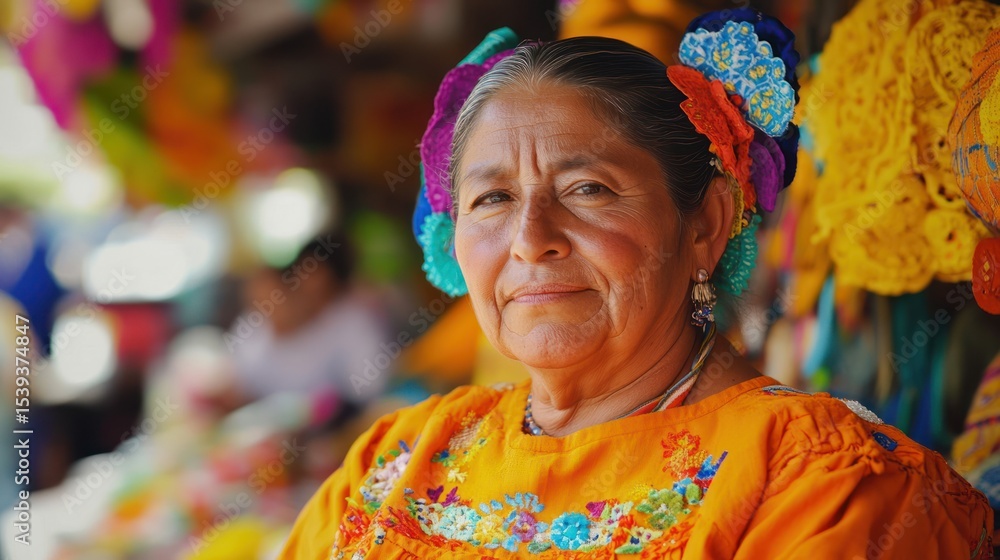Fototapeta premium Warm smile portrait of a traditionally dressed indigenous woman in mexico