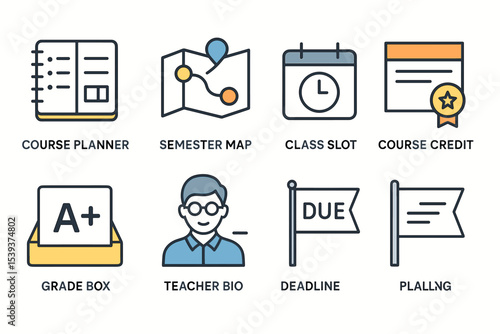Academic course icons: planner, semester map, class slot, grade box, teacher bio, deadline