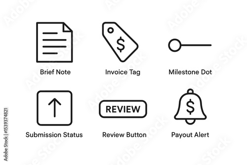 Finance and workflow icons: brief note, invoice tag, milestone dot, submission status, review button, payout alert