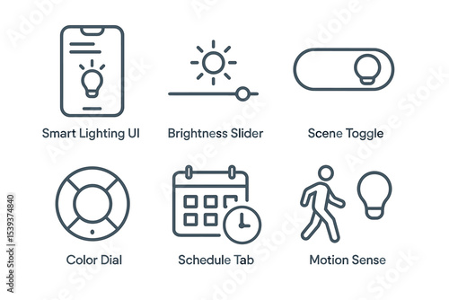 Smart home interface icons: lighting, brightness, scene, dial, schedule, motion